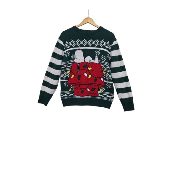 Peanuts Snoopy Christmas Sweater Men Large Pocket Snowflake Green Knitted - Picture 1 of 7